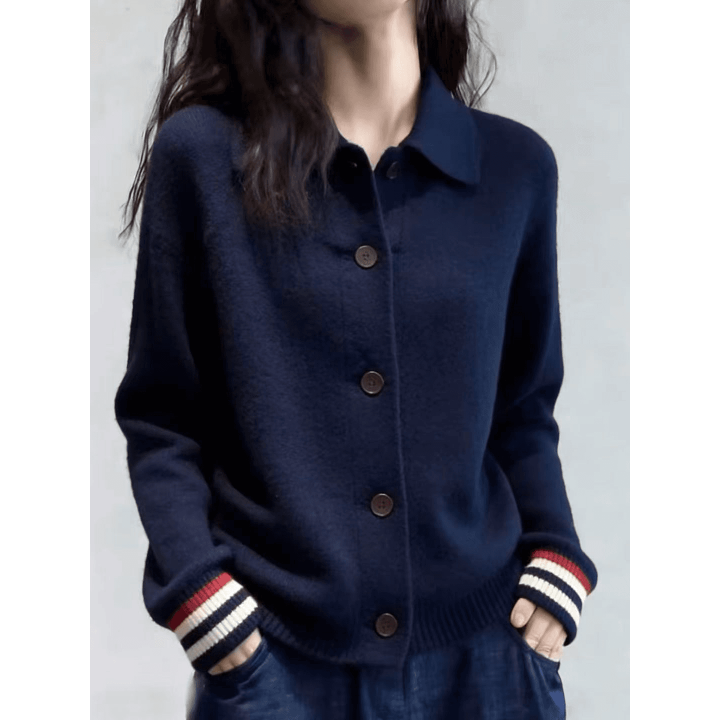 2026 가을 겨울 새로운 POLO 칼라 배색 스트라이프 니트 오픈 가디건 한 부서 학원 스타일 캐주얼 다용도 스웨터 코트 이미지 5