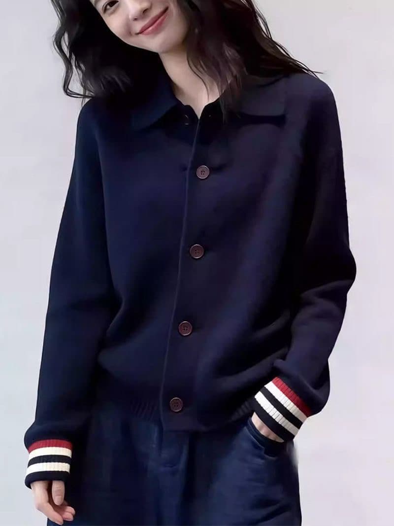 2026 가을 겨울 새로운 POLO 칼라 배색 스트라이프 니트 오픈 가디건 한 부서 학원 스타일 캐주얼 다용도 스웨터 코트 상세 이미지 4