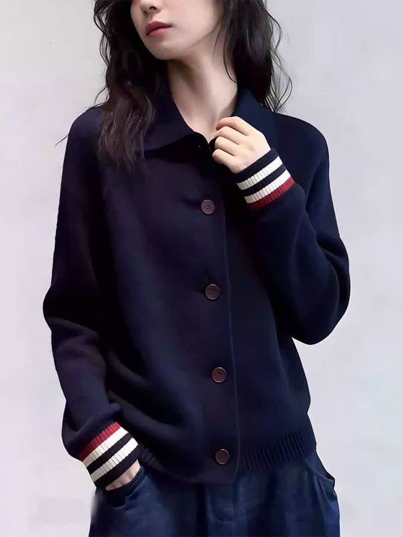 2026 가을 겨울 새로운 POLO 칼라 배색 스트라이프 니트 오픈 가디건 한 부서 학원 스타일 캐주얼 다용도 스웨터 코트 상세 이미지 5