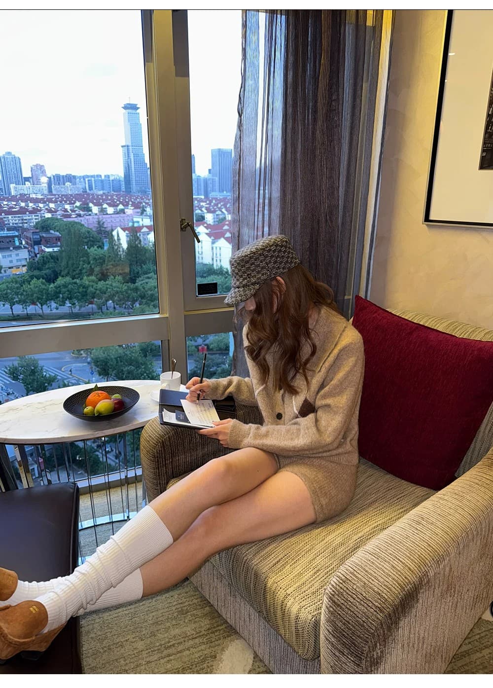 학원 스타일 레트로 폴로 칼라 다이아몬드 모양 그리드 니트 오픈 가디건 여성 패션 세트 하이웨이스트 타이트 스커트 반바지 투피스 세트 상세 이미지 21