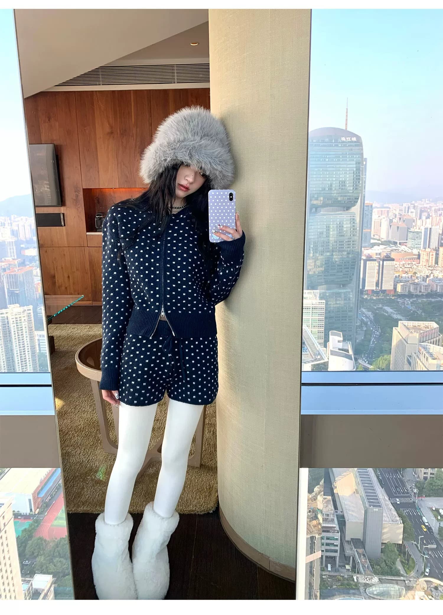 파란색 miu 부서 세트 긴팔 후드 지퍼 스웨터 코트 여성 의류 여름 펌프 로프 니트 반바지 투피스 세트 상세 이미지 31