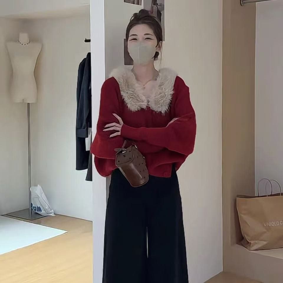 2026 새로운 오래된 돈 바람 루즈핏 레트로 커피 색상 털 모피 칼라 니트 단일 행 단추 두꺼운 스웨터 여성 코트 가을 겨울 이미지 2