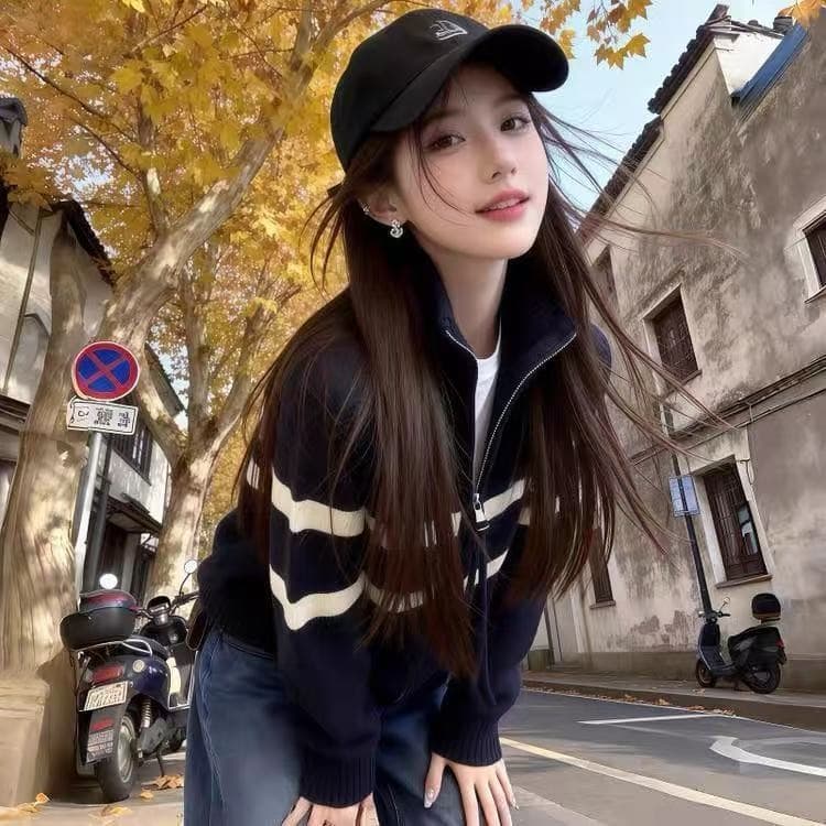 가을 겨울철 새로운 배색 스트라이프 하트 자수 니트 오픈 가디건 여성 패션 출퇴근 다용도 루즈핏 스웨터 코트 이미지 4