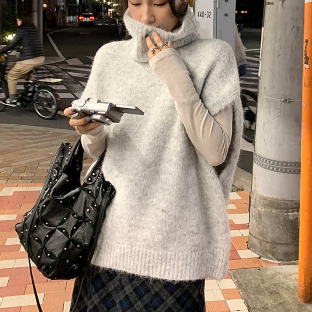 한 부서 느긋한 바람 터틀넥 니트 베스트 조끼 여성 가을 겨울 루즈핏 어깨 스웨터 스택 착용 외부 가져 가라. 민소매 맨위 이미지 3