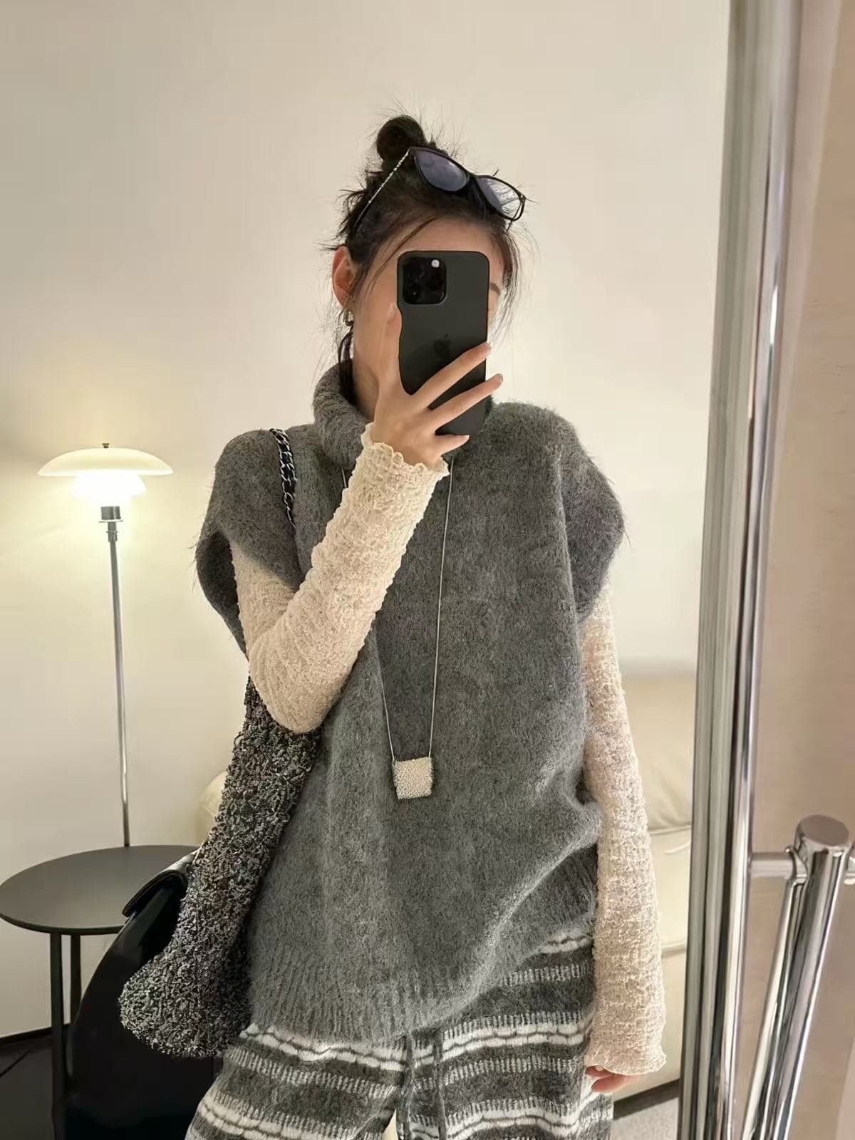 한 부서 느긋한 바람 터틀넥 니트 베스트 조끼 여성 가을 겨울 루즈핏 어깨 스웨터 스택 착용 외부 가져 가라. 민소매 맨위 상세 이미지 9