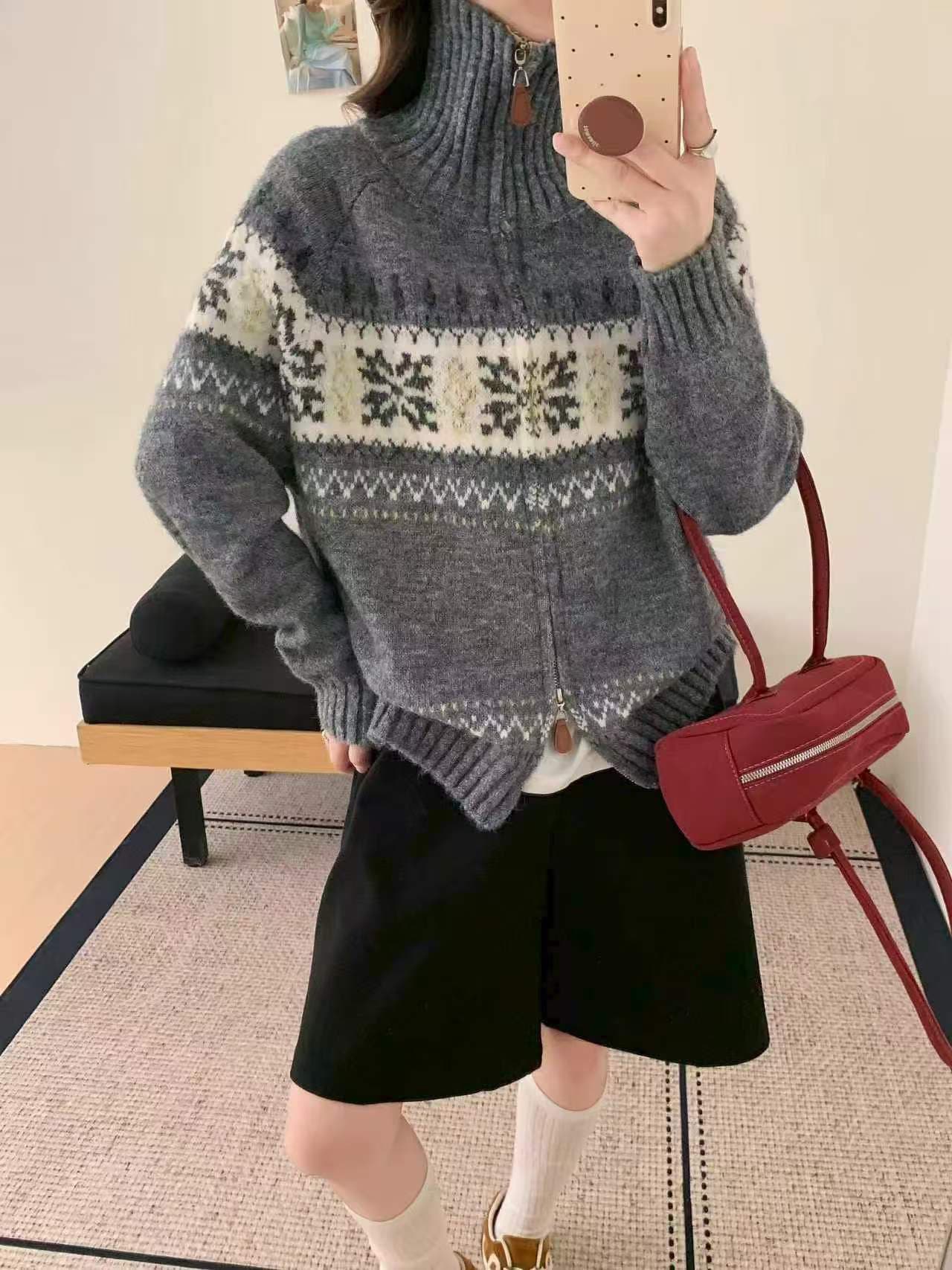 레트로 공정한 섬 자카드 회색 위로 의류 피질 더블 지퍼 니트 오픈 가디건 폴로 칼라 절묘한 재킷 이미지 3