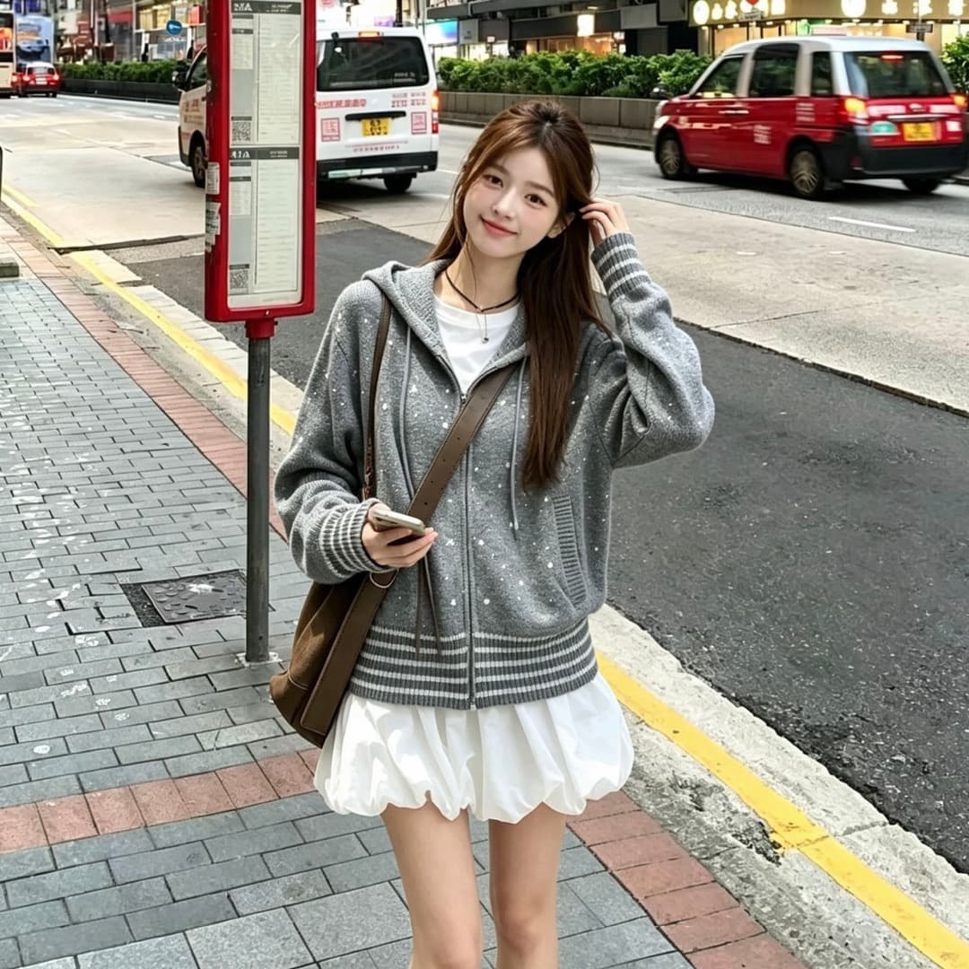 한 부서 모직물 도트 무늬 후드 지퍼 니트 스웨터 여성 새로운 chic 슬림해 보이는 쇼트 스타일 스웨터 카디건 코트 이미지 5