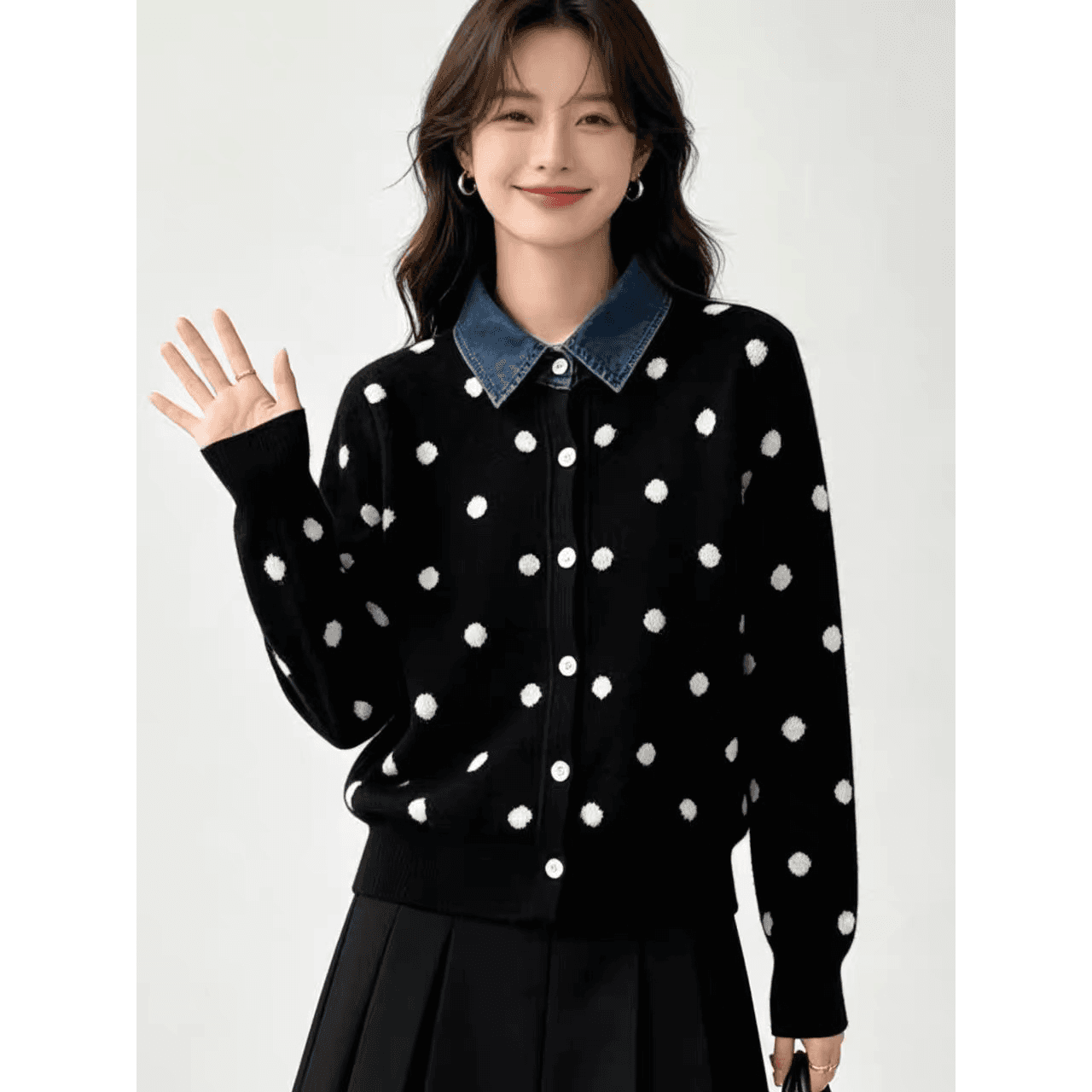한국 스타일 도트 무늬 페이크 레이어드 데님 패치워크 POLO 칼라 니트 스웨터 부드러운 찹쌀 연령 감소 스웨터 코트 가을 겨울철 새로운 이미지 5