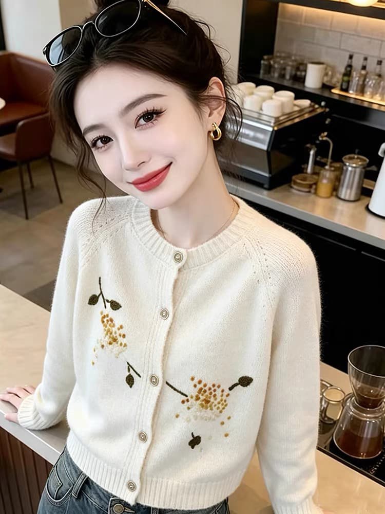 올해 가을 겨울철 새로운 부드러운 느긋한 바람 꽃 자수 스웨터 오픈 가디건 싱글 줄 버튼 라운드 넥 다용도 여성 셔츠 상세 이미지 9