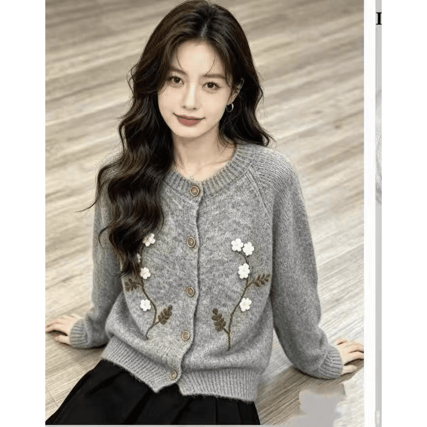 프랑스식 레트로 수공 꽃 자수 라운드 넥 니트 스웨터 따뜻한 부드럽다 찹쌀 가을 어깨 2026 가을 겨울철 새로운 오픈 가디건 이미지 5