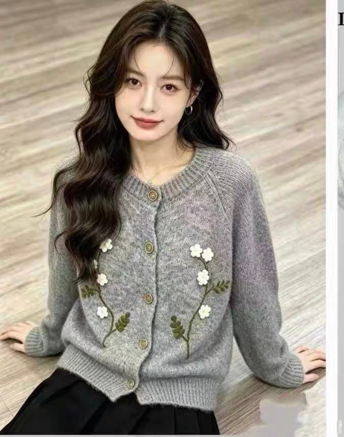 프랑스식 레트로 수공 꽃 자수 라운드 넥 니트 스웨터 따뜻한 부드럽다 찹쌀 가을 어깨 2026 가을 겨울철 새로운 오픈 가디건 상세 이미지 4