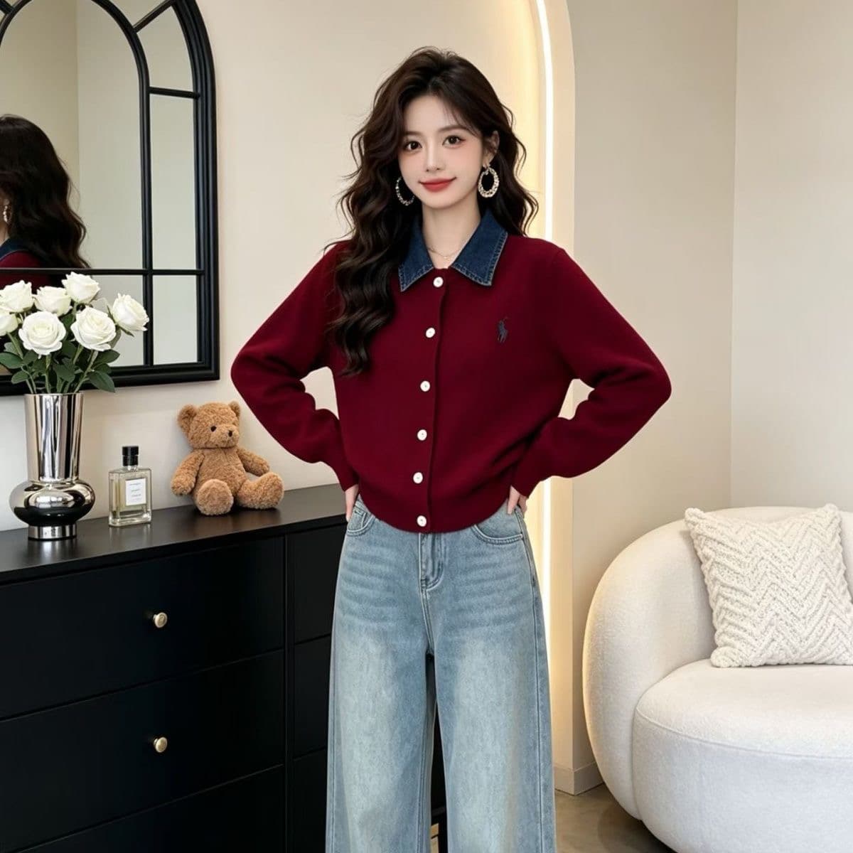 페이크 레이어드 스트라이프 니트 스웨터 블라우스 폴로 칼라 작은 말 자수 긴팔 니트 맨위 오픈 가디건 다용도 여성 코트 상세 이미지 1