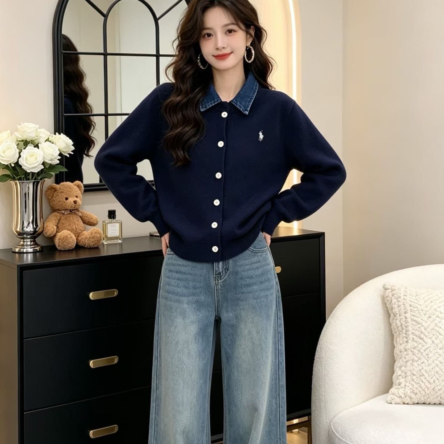 페이크 레이어드 스트라이프 니트 스웨터 블라우스 폴로 칼라 작은 말 자수 긴팔 니트 맨위 오픈 가디건 다용도 여성 코트 상세 이미지 2