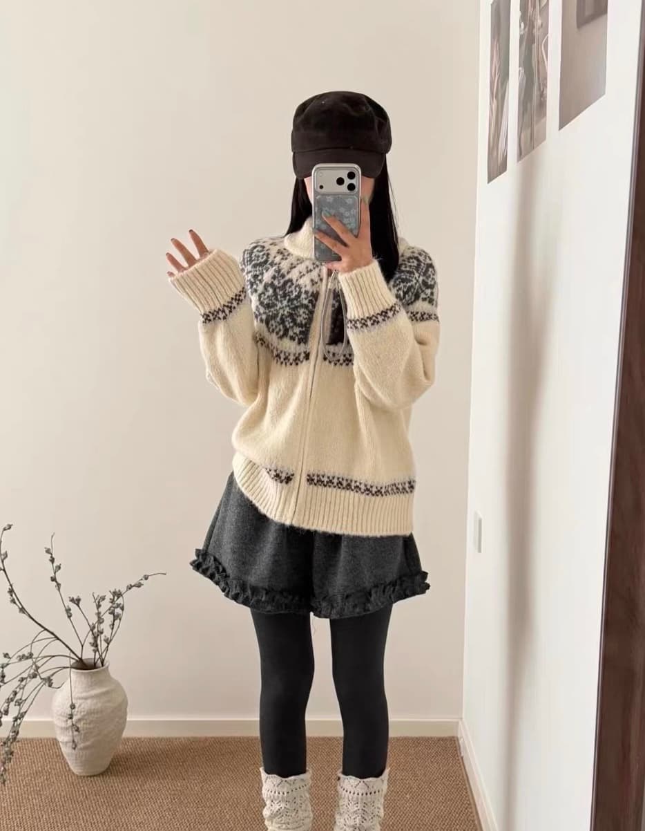 공정한 섬 레트로 베이비 칼라 피질 지퍼 무거운 작업 편집 자카드 니트 오픈 가디건 부드러운 찹쌀 보온 스웨터 코트