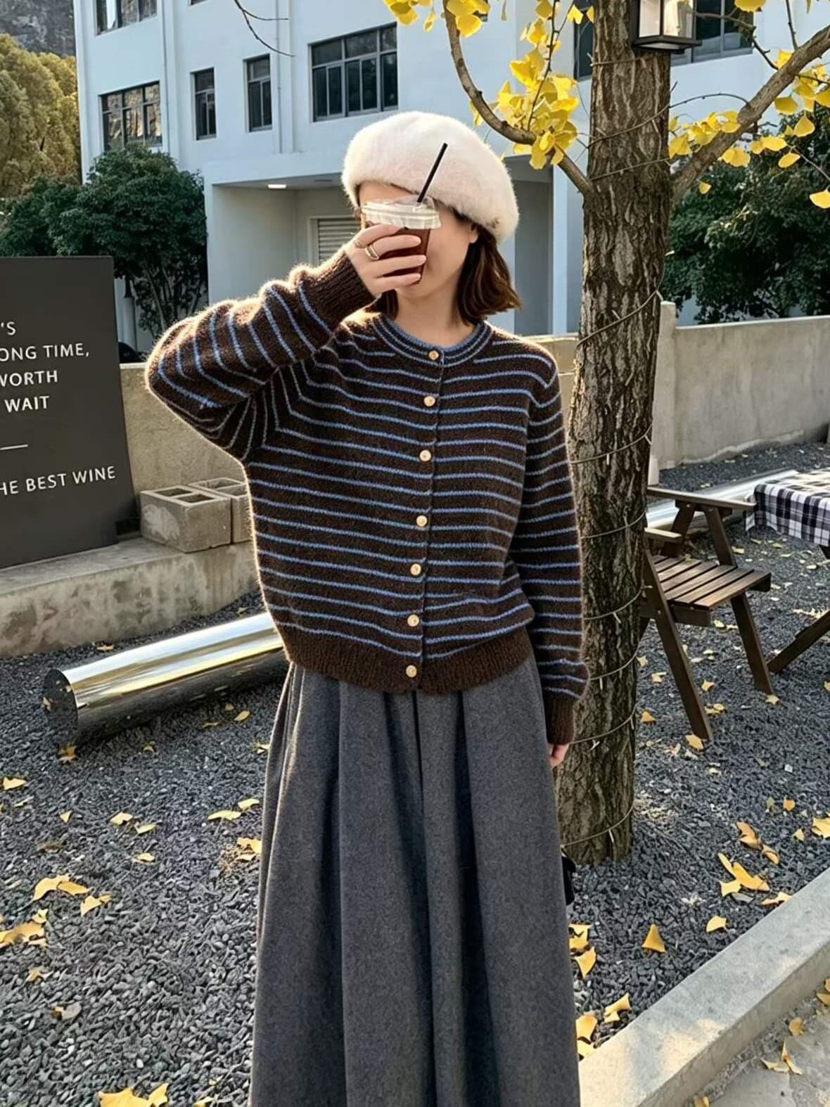 한 부서 배색 라운드 넥 스트라이프 양모 니트 오픈 가디건 여성 가을 겨울철 루즈핏 연령 감소 슬림해 보이는 스웨터 외부 잡아라. 의류 상세 이미지 1