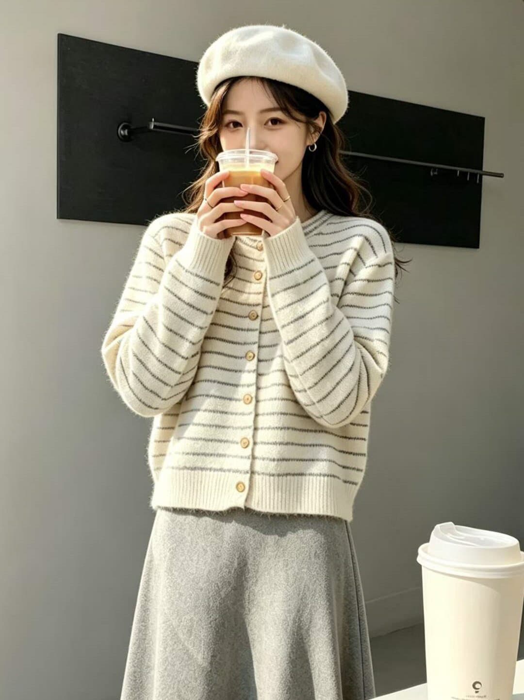 한 부서 배색 라운드 넥 스트라이프 양모 니트 오픈 가디건 여성 가을 겨울철 루즈핏 연령 감소 슬림해 보이는 스웨터 외부 잡아라. 의류 상세 이미지 3