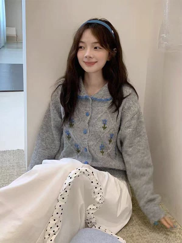 한 부서 달콤함 자수 작은 꽃 폴로 칼라 스웨터 오픈 가디건 여성 루즈핏 가을 겨울 부드러운 찹쌀 연령 감소 니트 재킷 두꺼움 맨위 상세 이미지 4