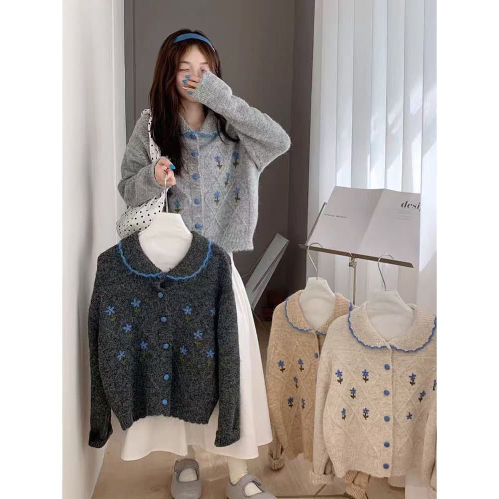 한 부서 달콤함 자수 작은 꽃 폴로 칼라 스웨터 오픈 가디건 여성 루즈핏 가을 겨울 부드러운 찹쌀 연령 감소 니트 재킷 두꺼움 맨위 상세 이미지 5