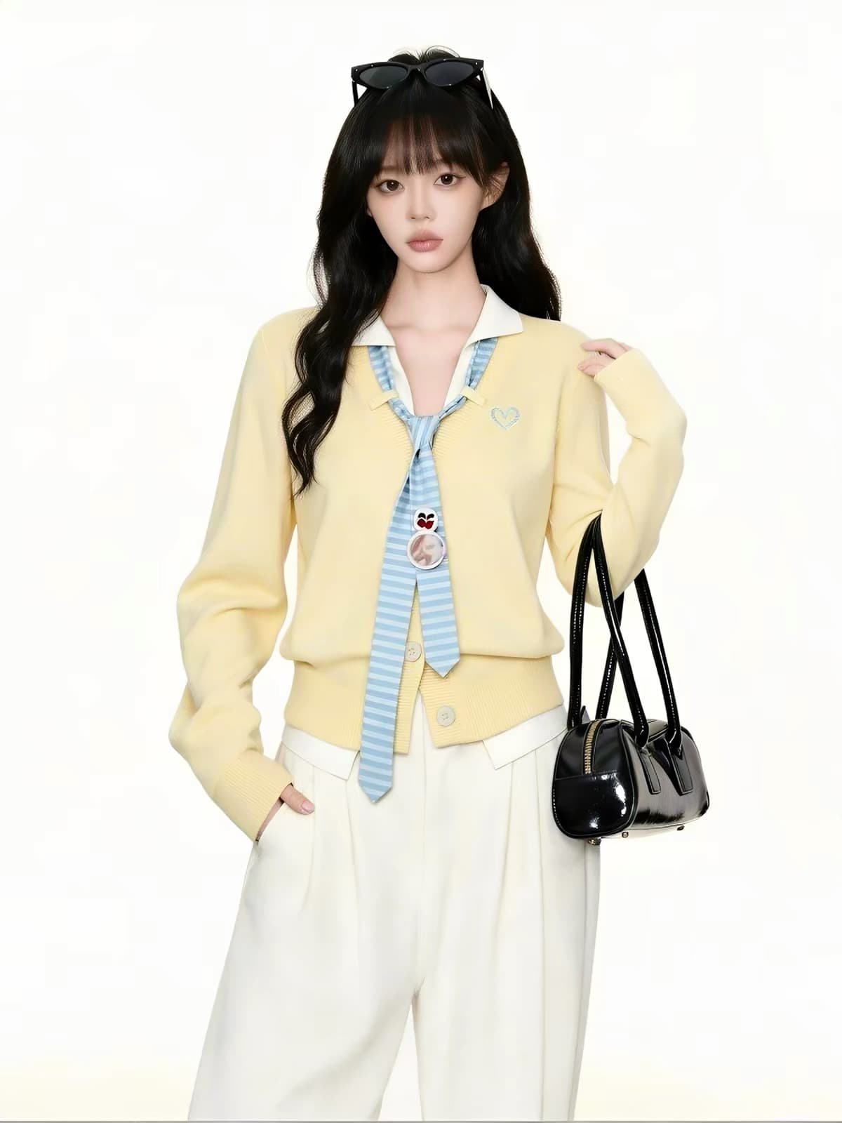 우 버섯 이른 가을 한 부서 소녀 스트라이프 넥타이 배색 페이크 레이어드 V넥 오픈 가디건 슬림해 보이는 털 니트 스웨터 상세 이미지 3