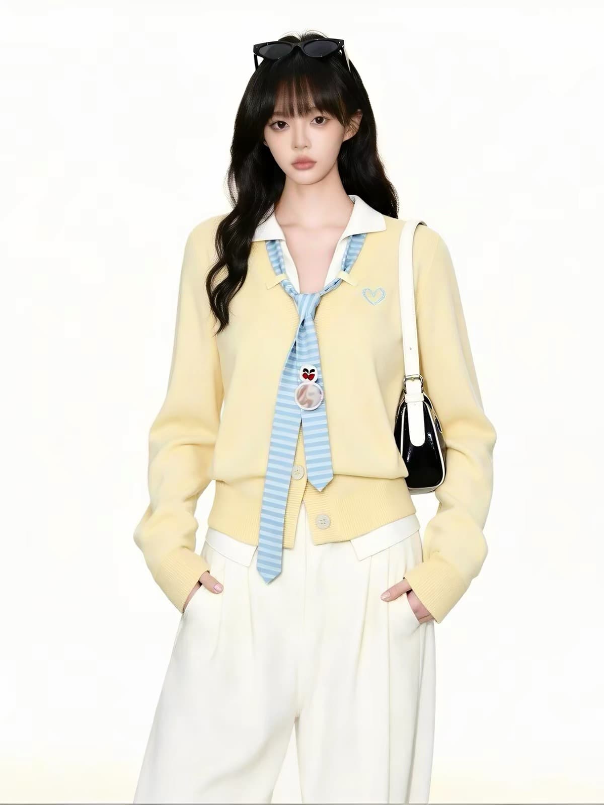 우 버섯 이른 가을 한 부서 소녀 스트라이프 넥타이 배색 페이크 레이어드 V넥 오픈 가디건 슬림해 보이는 털 니트 스웨터 상세 이미지 5