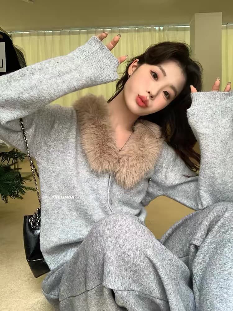 한 부서 품격 부드러운 찹쌀 모피 칼라 긴팔 니트 오픈 가디건 여성 가을 겨울 느긋한 바람 보온 스웨터 코트 쇼트 스타일 맨위 상세 이미지 3