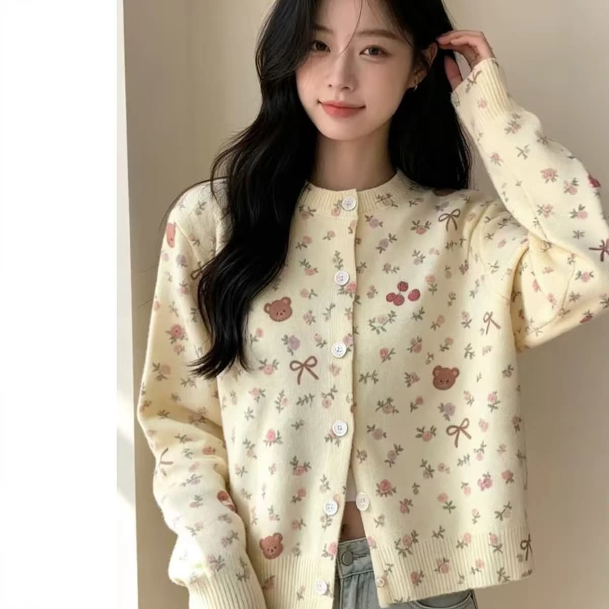 한 부서 꽃무늬 작은 곰 니트 오픈 가디건 여성 가을 새로운 스웨터 코트 슬림해 보이는 다용도 달콤함 연령 감소 맨위 트렌디 상세 이미지 4
