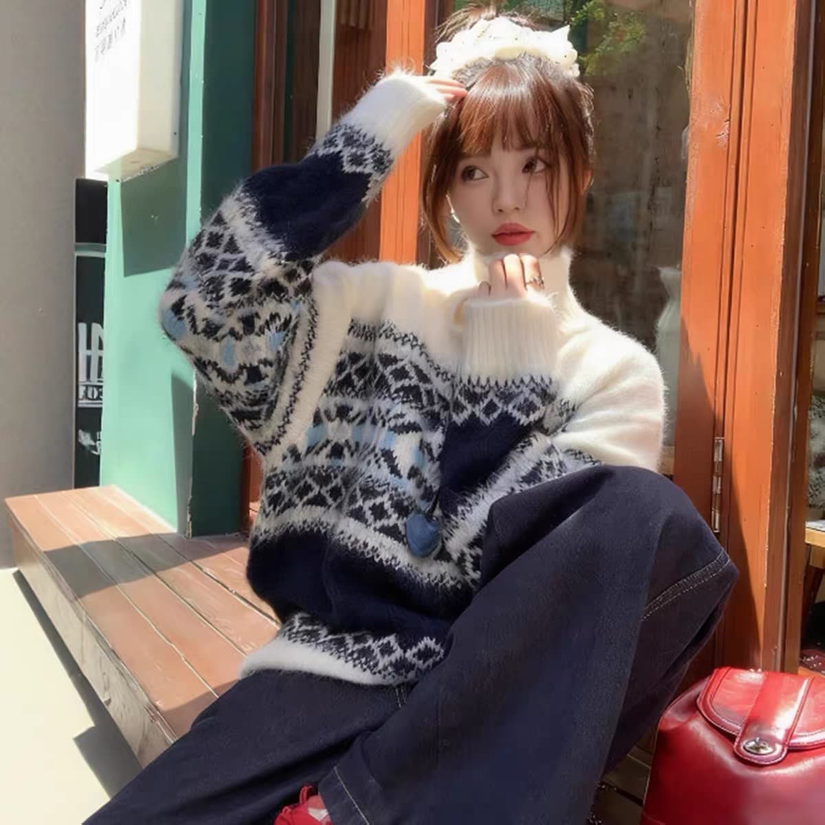 공정한 섬 터틀넥 스웨터 여자 한 부서 느긋한 고급 센스 하프 지퍼 디자인 센스 작은 대중 양모 니트 맨위 이미지 4