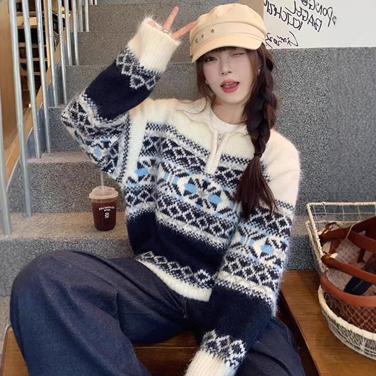 공정한 섬 터틀넥 스웨터 여자 한 부서 느긋한 고급 센스 하프 지퍼 디자인 센스 작은 대중 양모 니트 맨위 이미지 5