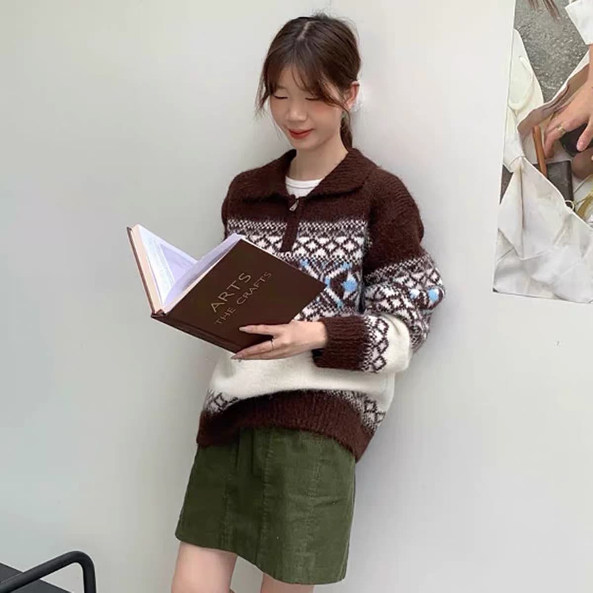 공정한 섬 터틀넥 스웨터 여자 한 부서 느긋한 고급 센스 하프 지퍼 디자인 센스 작은 대중 양모 니트 맨위 상세 이미지 4