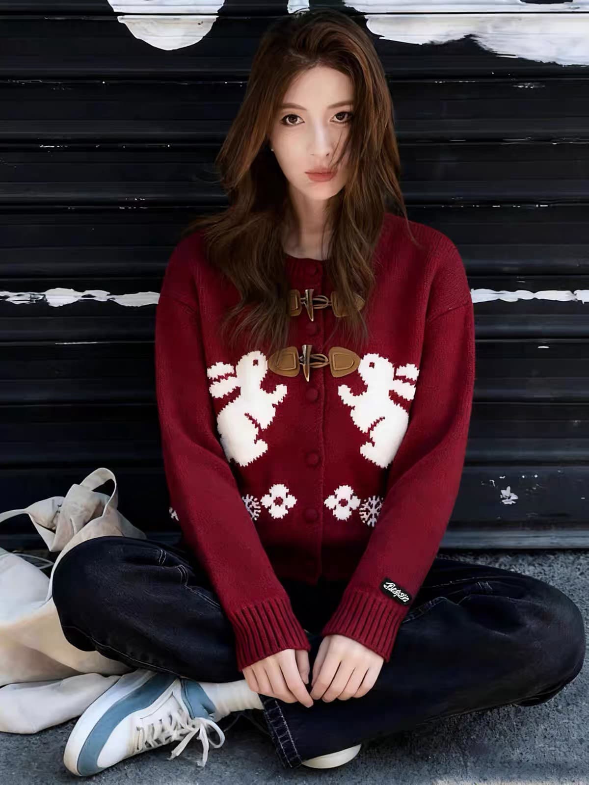 아메리칸 레트로 토끼 자카드 니트 오픈 가디건 여성 가을 겨울철 느긋한 바람 디자인 센스 루즈핏 스웨터 코트 맨위 이미지 3