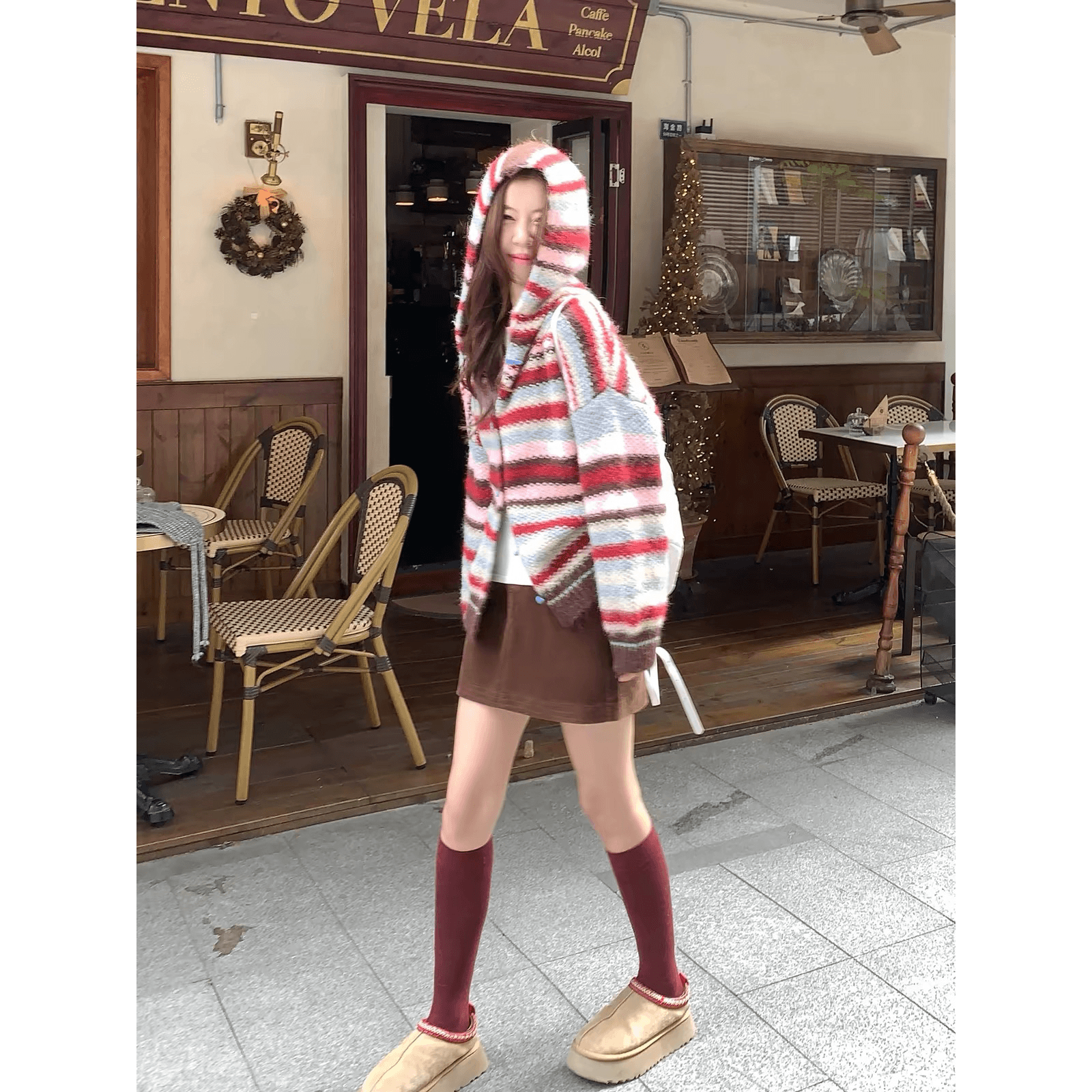 2026 한 부서 빨간색 스트라이프 후드 스웨터 오픈 가디건 여성 가을 겨울철 루즈핏 느긋한 니트 재킷 맨위 이미지 5