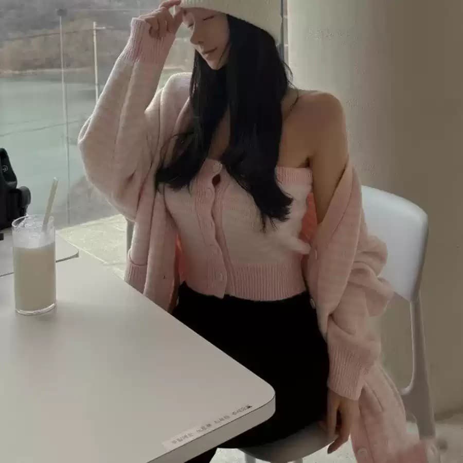 chic 한국 스타일 가을 겨울 프랑스식 부드러운 미니멀리즘 스트라이프 니트 튜브탑 플러스 오픈 가디건 니트 스웨터 세트 스웨터 상세 이미지 4