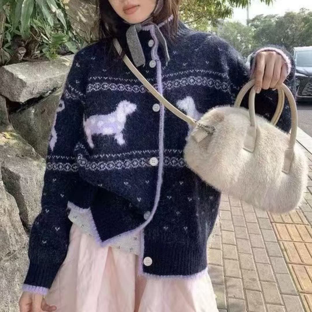 한 부서 강아지 자카드 부드러운 찹쌀 스웨터 오픈 가디건 여성 가을 겨울 새로운 루즈핏 느긋한 바람 공정한 섬 니트 스웨터 외부 이미지 2