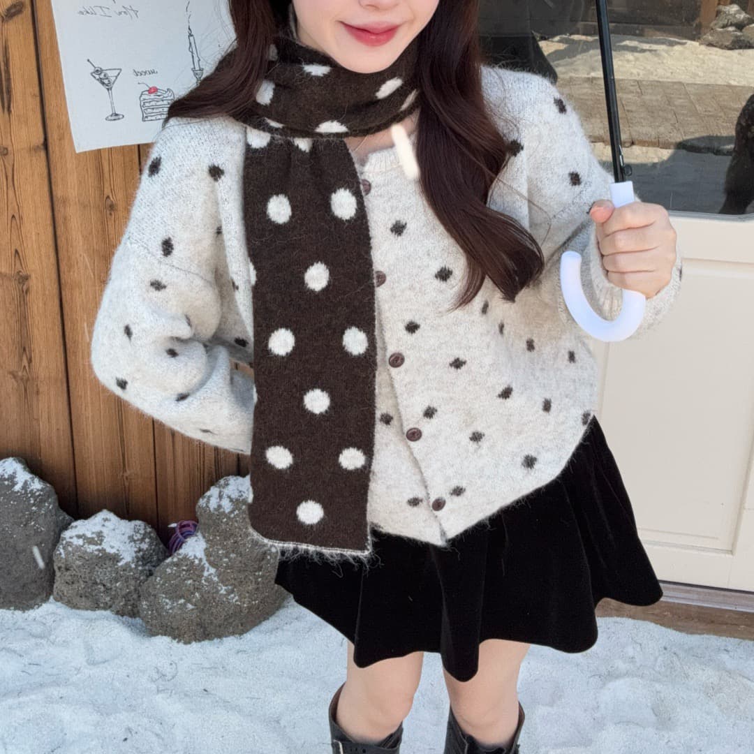 한 부서 느긋한 레트로 배색 도트 무늬 라운드 넥 니트 오픈 가디건 여성 가을 겨울 보온 벨트 스카프 당겨서 스웨터 코트 상세 이미지 5
