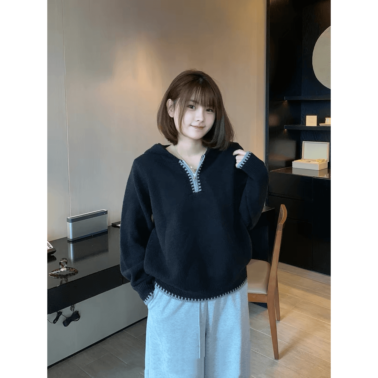 한 부서 자이언트 잘 생긴 하프 지퍼 후드 니트 스웨터 여자 가을 겨울 느긋한 와이드 부드러운 찹쌀 풀오버 맨위 두꺼움 이미지 5