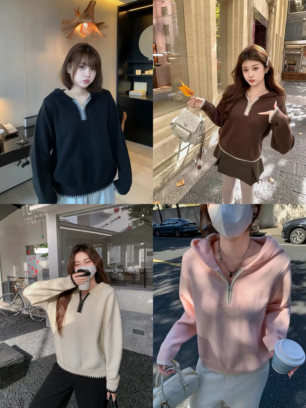 한 부서 자이언트 잘 생긴 하프 지퍼 후드 니트 스웨터 여자 가을 겨울 느긋한 와이드 부드러운 찹쌀 풀오버 맨위 두꺼움 상세 이미지 1