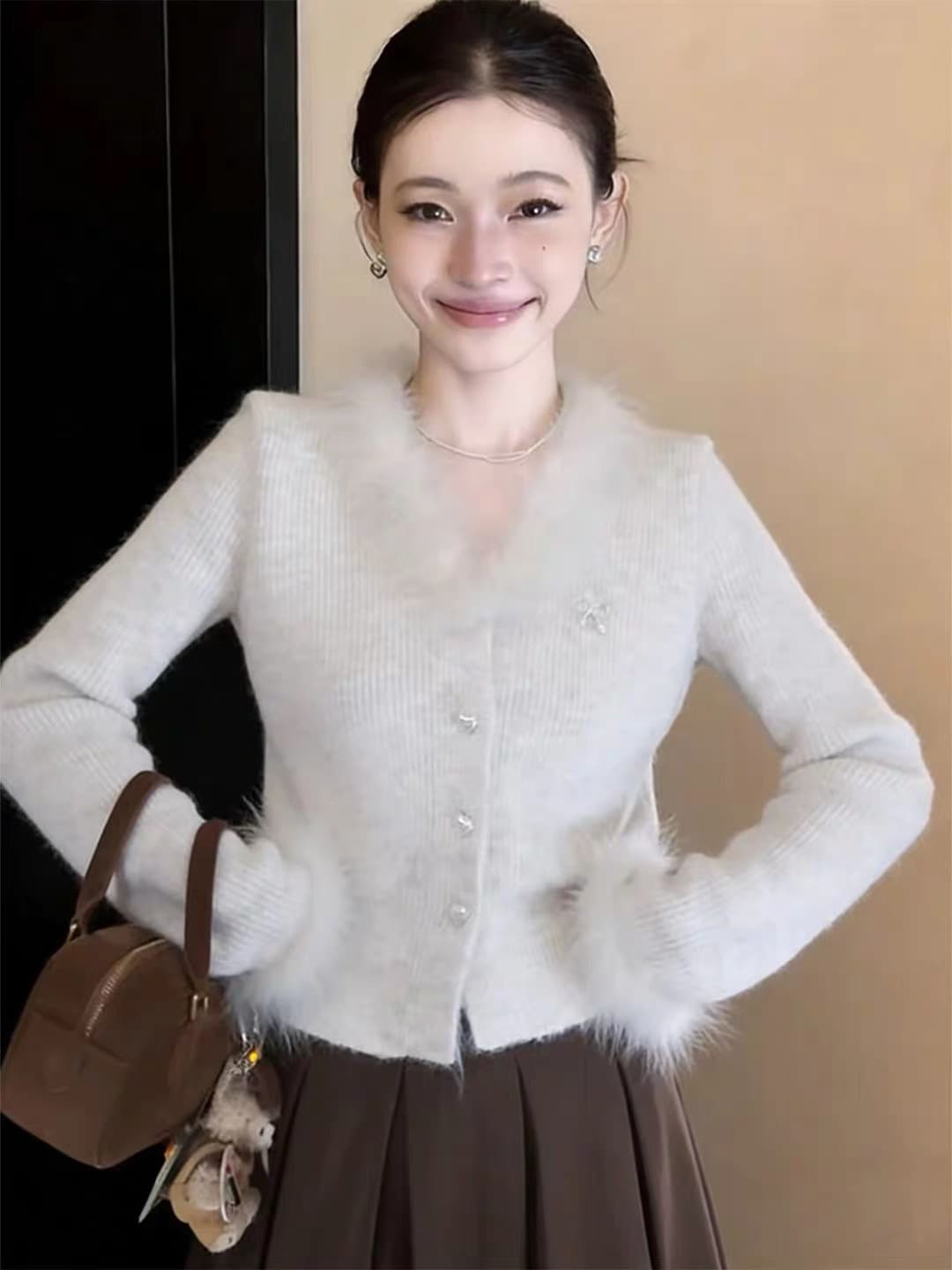 한 부서 chic 연령 감소 하트 버클 니트 오픈 가디건 여성 봄 가을 새로운 디자인 센스 모피 패치워크 아름다운 맨위 트렌디 상세 이미지 2