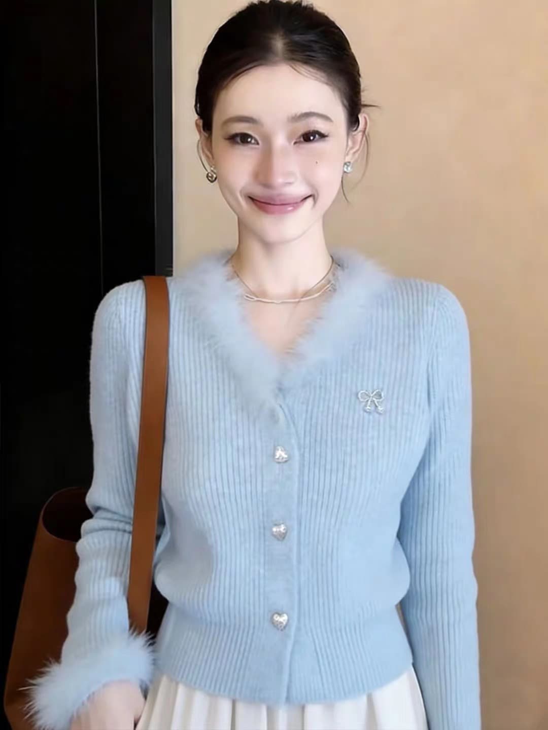 한 부서 chic 연령 감소 하트 버클 니트 오픈 가디건 여성 봄 가을 새로운 디자인 센스 모피 패치워크 아름다운 맨위 트렌디 상세 이미지 3