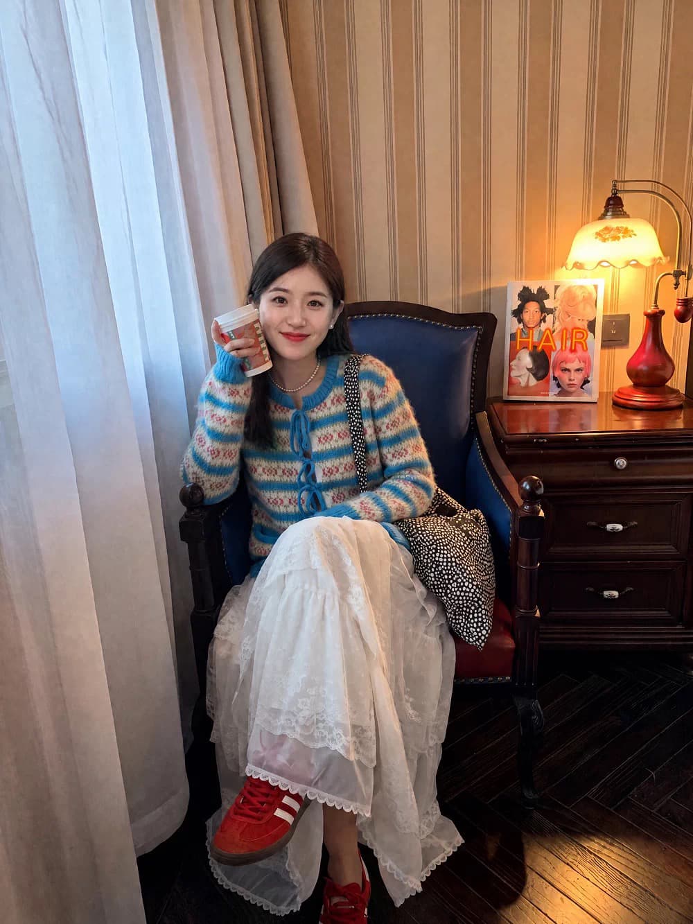 한 부서 우유 블루 색상 시스템 원본 스트라이프 자카드 앞여밈 니트 오픈 가디건 루즈핏 느긋한 바람 절묘한 맨위 배색 상세 이미지 2
