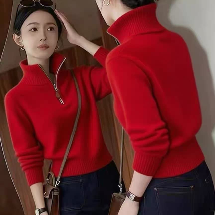 한 부서 고급 센스 하프 지퍼 스웨터 여자 터틀넥 가을 겨울 새로운 부드러운 찹쌀 니트 스웨터 외국 가스 다용도 쇼트 스타일 맨위 이미지 5