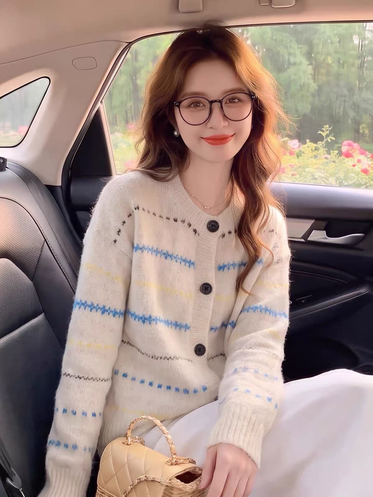 한 부서 배색 스트라이프 부드러운 찹쌀 스웨터 여성 코트 가을 겨울 새로운 레트로 루즈핏 느긋한 바람 단추 니트 오픈 가디건
