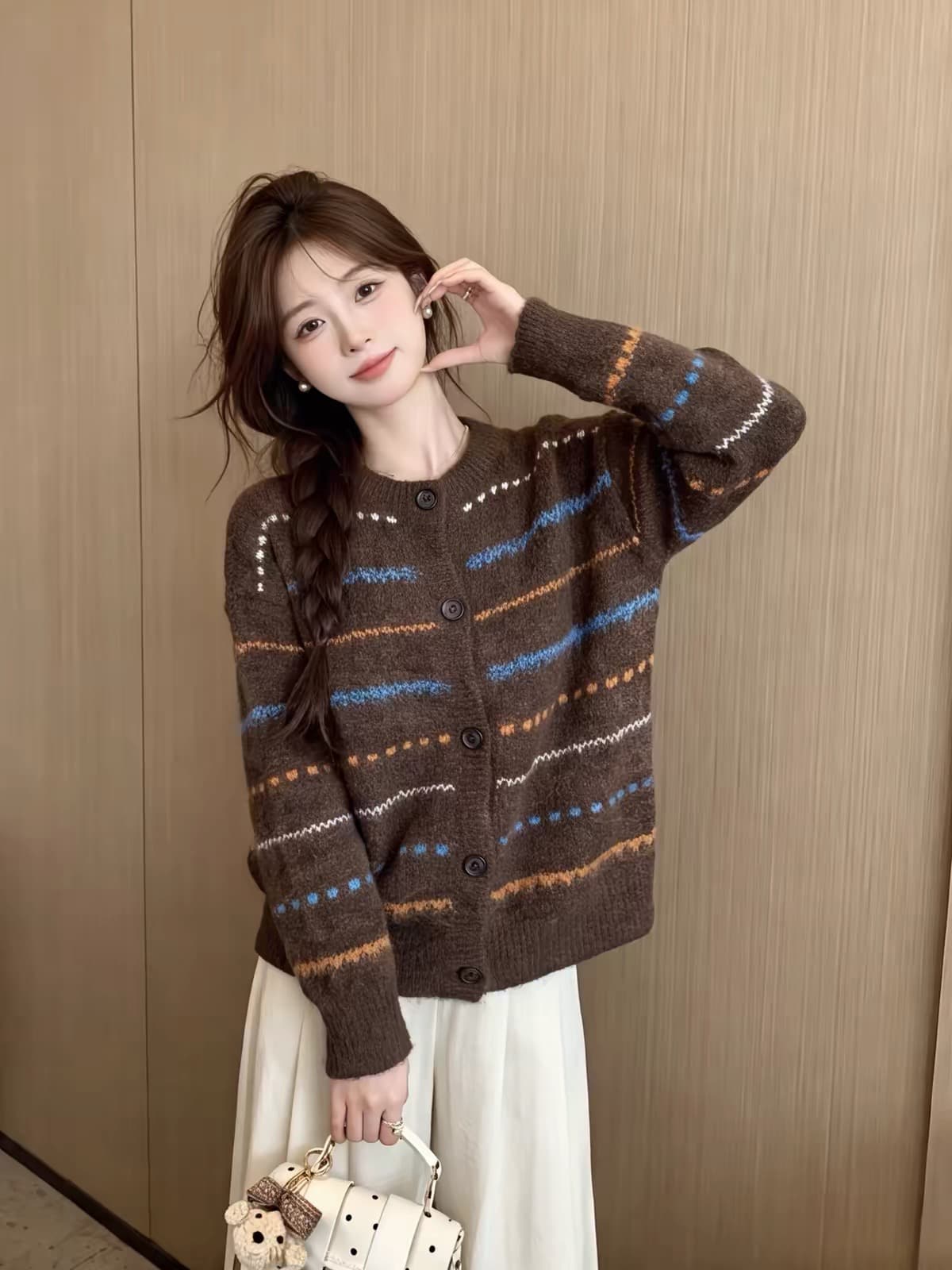 한 부서 배색 스트라이프 부드러운 찹쌀 스웨터 여성 코트 가을 겨울 새로운 레트로 루즈핏 느긋한 바람 단추 니트 오픈 가디건 상세 이미지 5