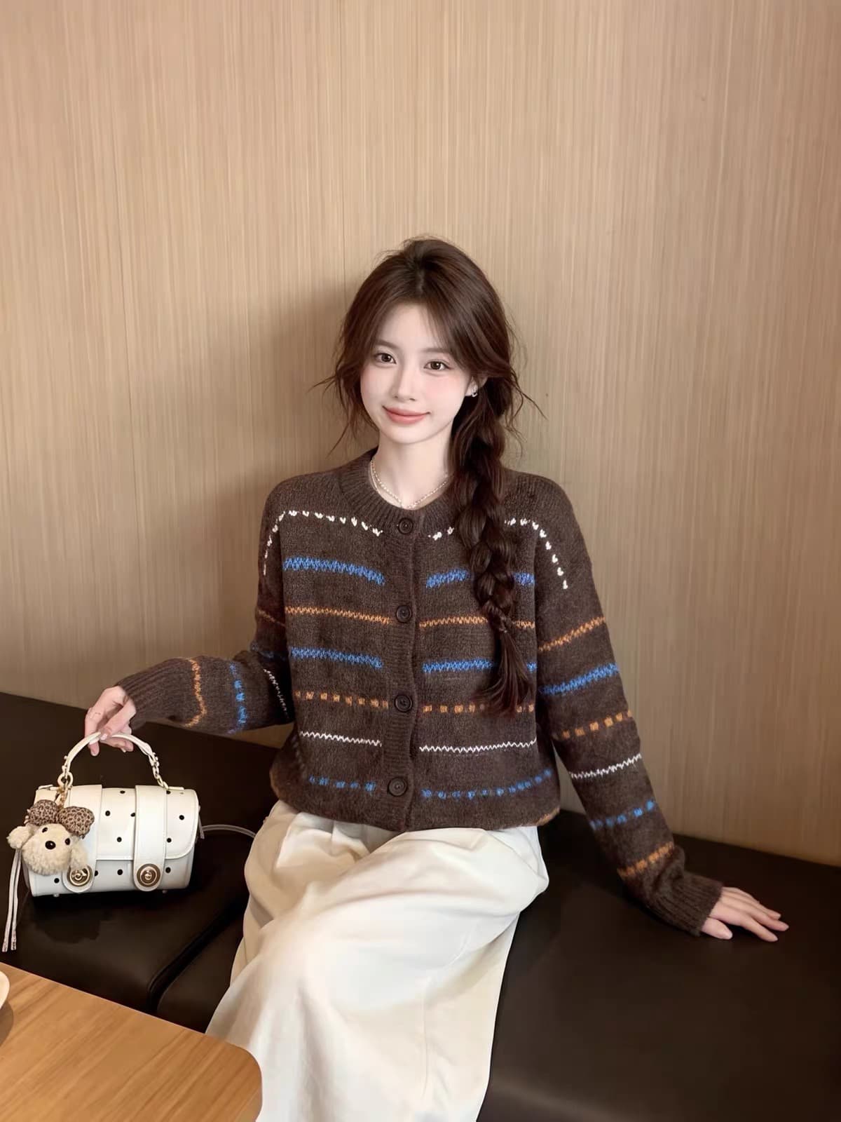 한 부서 배색 스트라이프 부드러운 찹쌀 스웨터 여성 코트 가을 겨울 새로운 레트로 루즈핏 느긋한 바람 단추 니트 오픈 가디건 상세 이미지 7