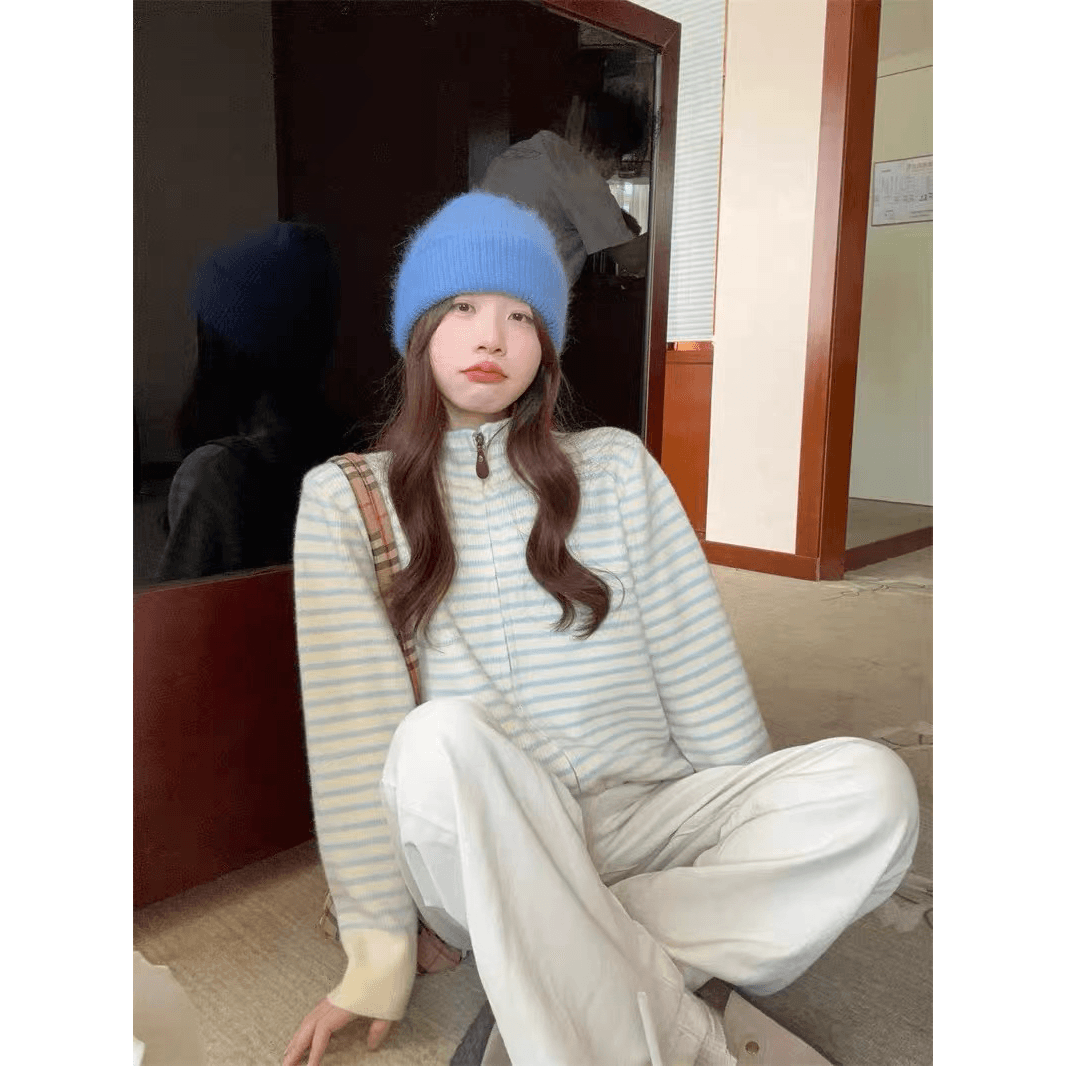 한 부서 디자인 센스 배색 스트라이프 품격 지퍼 긴팔 스웨터 여자 가을 슬림해 보이는 다용도 chic 스탠드 칼라 맨위 이미지 5