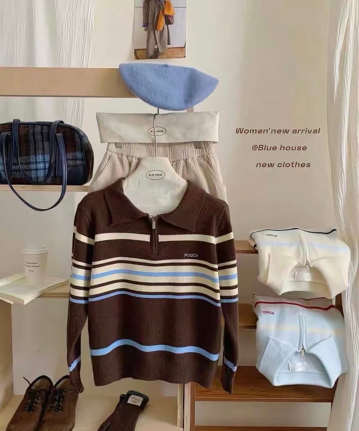 한 부서 레트로 POLO 칼라 스트라이프 긴팔 니트 스웨터 여성 가을 겨울 외국 가스 연령 감소 루즈핏 풀오버 맨위 이미지 4