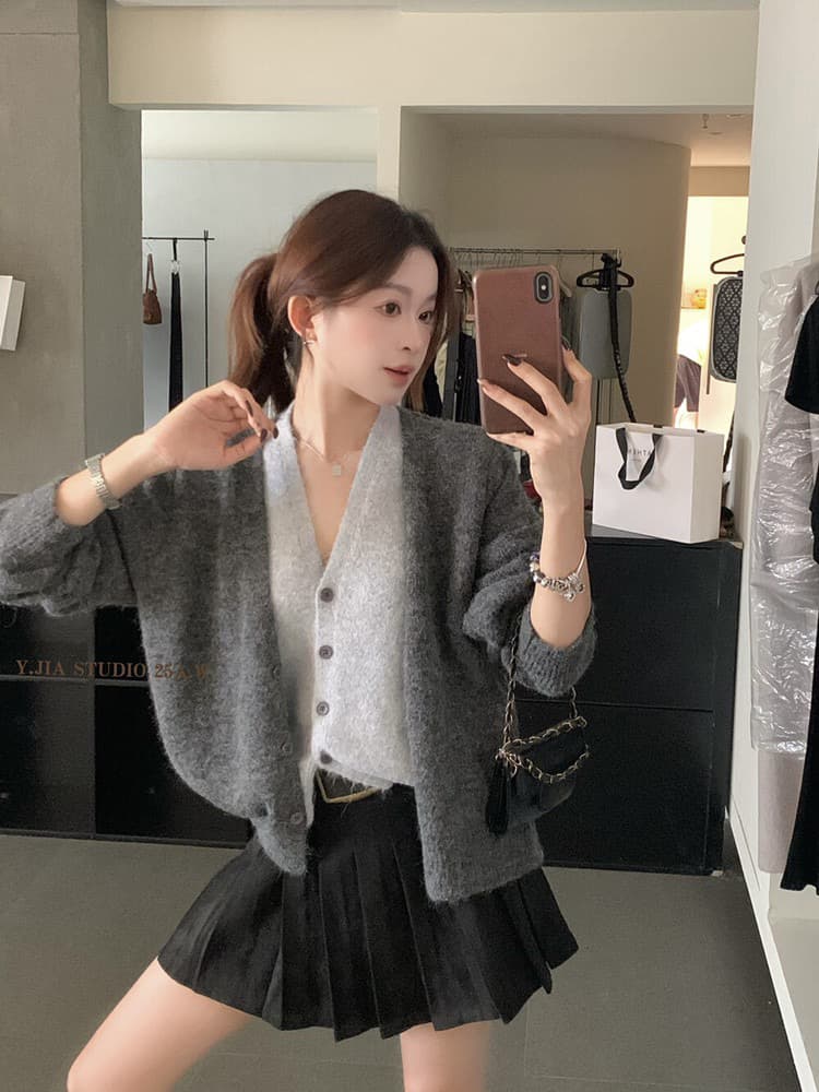 레트로 커피 색상 페이크 레이어드 V넥 니트 오픈 가디건 여성 가을 겨울철 프랑스식 느슨함 센스 루즈핏 스웨터 코트 맨위 이미지 2