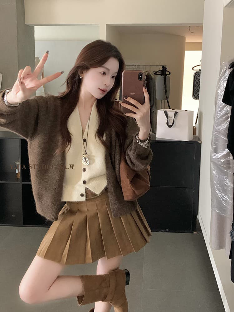 레트로 커피 색상 페이크 레이어드 V넥 니트 오픈 가디건 여성 가을 겨울철 프랑스식 느슨함 센스 루즈핏 스웨터 코트 맨위 이미지 4