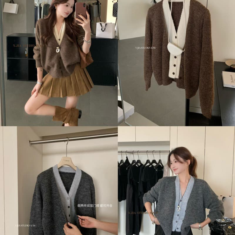 레트로 커피 색상 페이크 레이어드 V넥 니트 오픈 가디건 여성 가을 겨울철 프랑스식 느슨함 센스 루즈핏 스웨터 코트 맨위 상세 이미지 5
