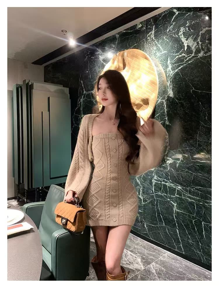 한 부서 스웨터 니트 오픈 가디건 튜브탑 여성 드레스 가을 겨울철 허리 수축 슬림해 보이는 품격 섹시함 인사이드 가져 가라. 짧은 치마