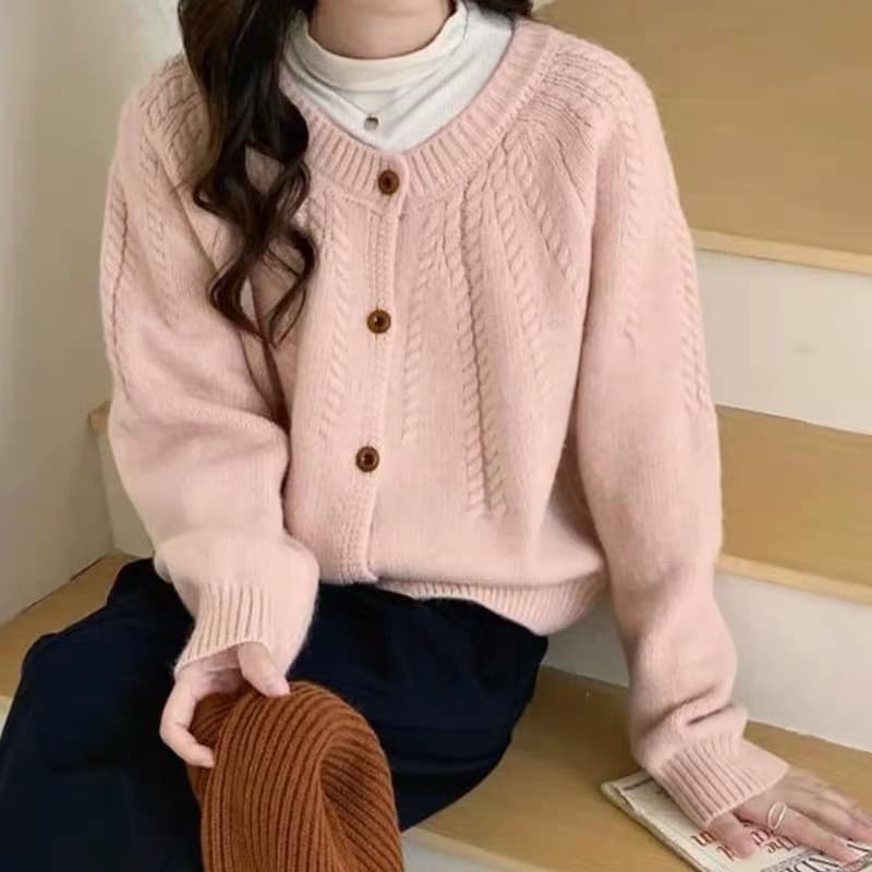 한 부서 느긋한 바람 레트로 트위스트 꽃 라운드 넥 스웨터 여성 코트 가을 겨울 출퇴근 캐주얼 슬림해 보이는 다용도 니트 오픈 가디건 이미지 2